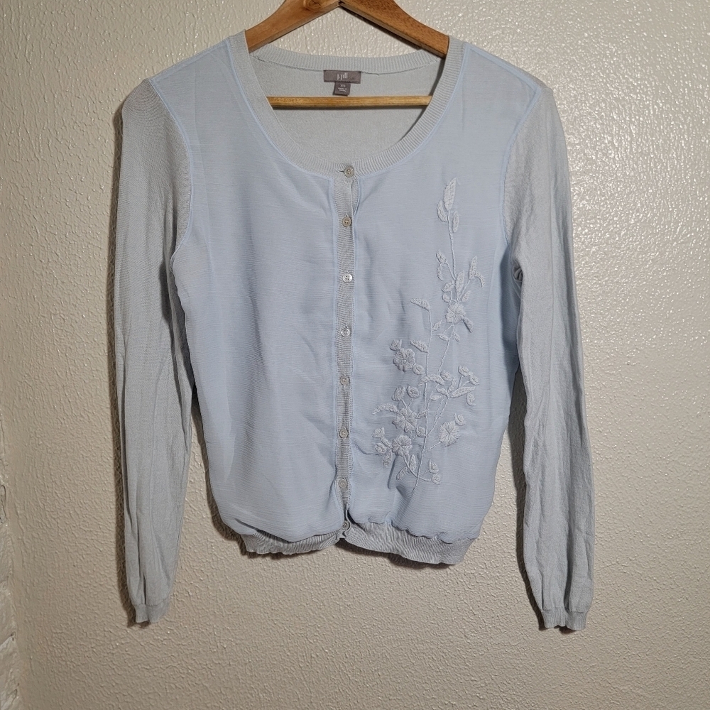 J Jill Silk Cotton Embroidered Chiffon Knit Button Down Cardigan sz XS Blue